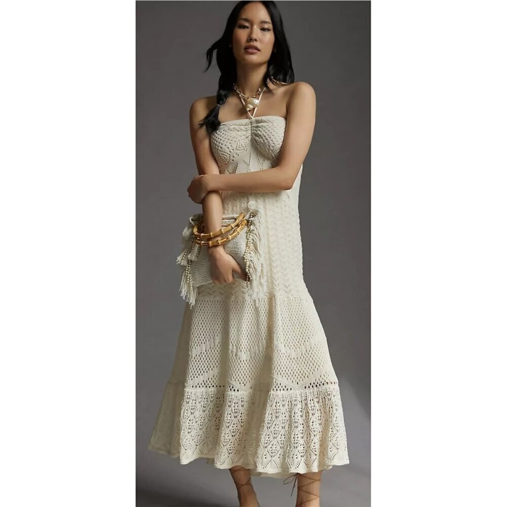 New Farm Rio Anthropologie Crochet Maxi Dress Womens XL Halter Sleeveless Ivory